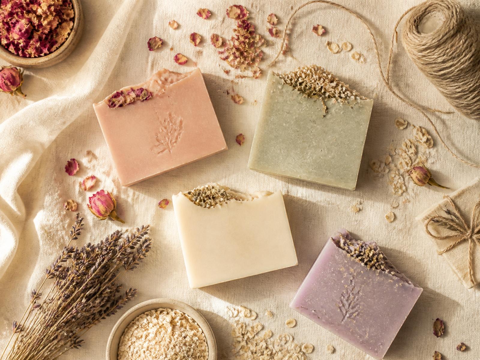 Handmade organic soap bars with dried flowers and lavender